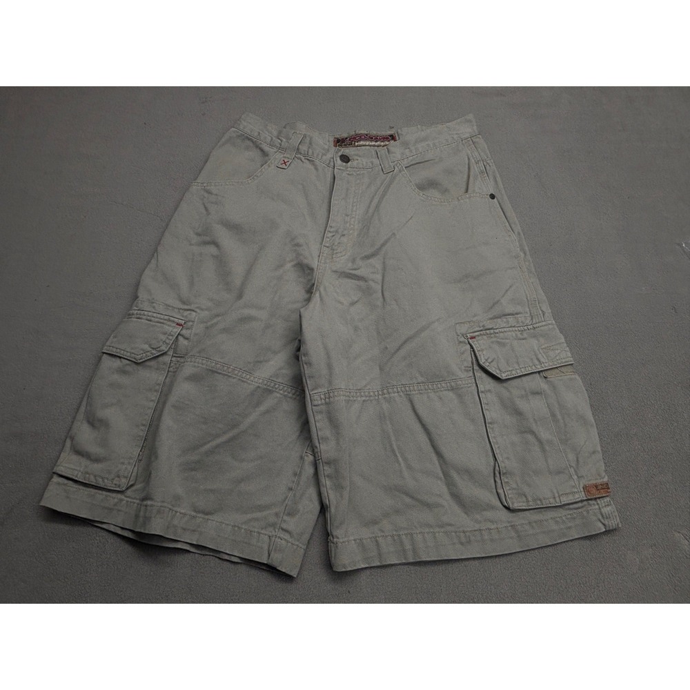 Vintage JNCO Jeans Cargo Shorts 34 Khaki Tan Wide Leg Crown Embroidery 00-0085